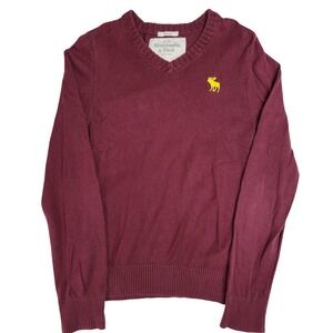 Abercrombie & Fitch Mens Muscle Fit V-Neck Sweater Large Burgundy Maroon Logo